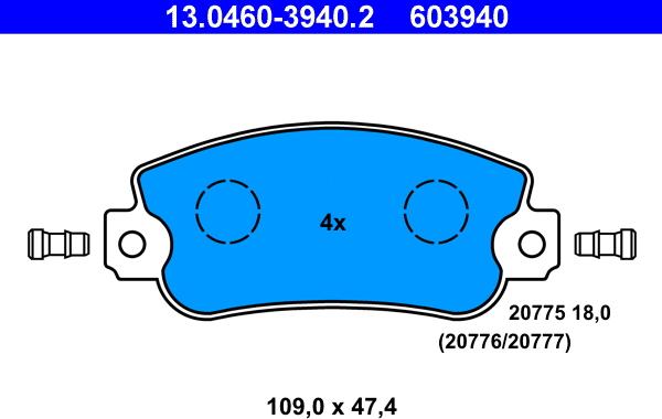 ATE 13.0460-3940.2 - Тормозные колодки, дисковые, комплект xparts.lv