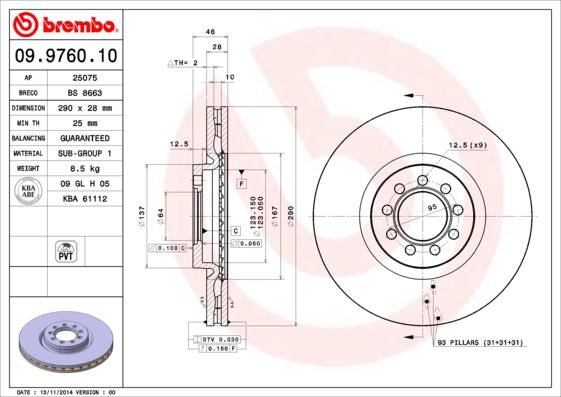 Brembo 09.9760.10 - Bremžu diski xparts.lv