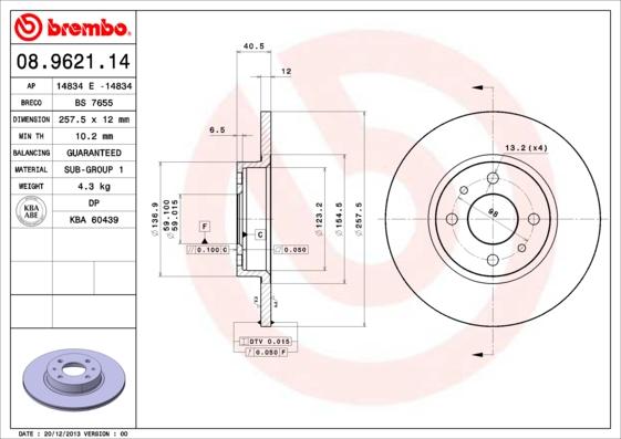 Brembo 08.9621.14 - Тормозной диск xparts.lv