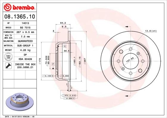 Brembo 08.1365.10 - Тормозной диск xparts.lv